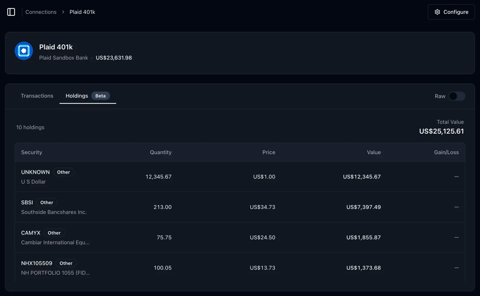 new "Holdings" tab in account overview