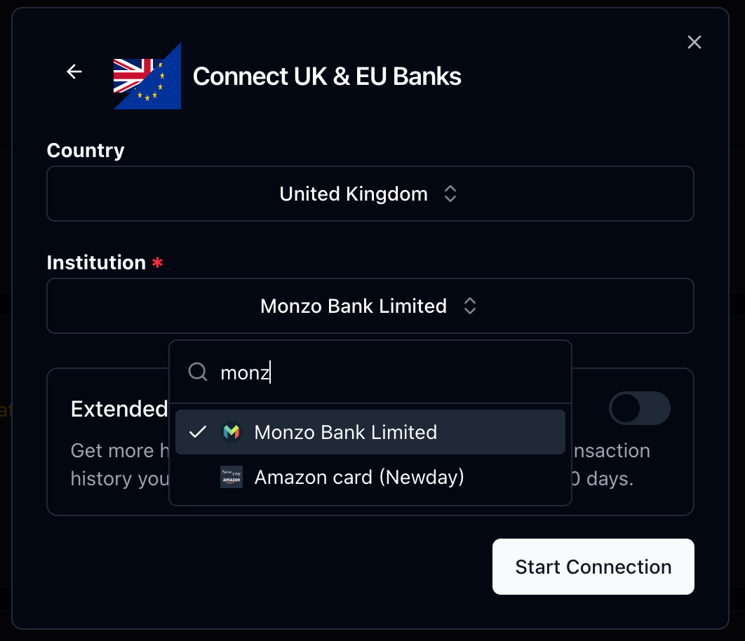 Selecting country and bank in the GoCardless connection form